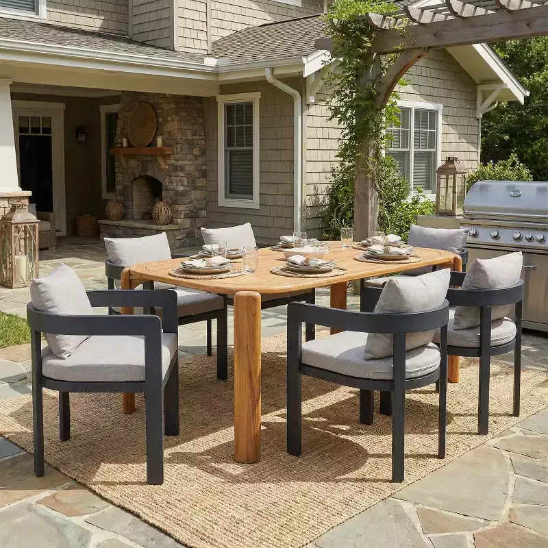 Christopher Knight Home Elko - Table à manger moderne 7 pièces d'extérieur en bois d'acacia à lattes avec chaises en aluminium et coussins
