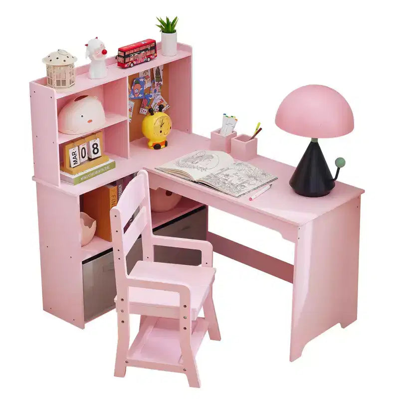 Kids Study Desk with Chair  Corner Table Set, Large Storage, Bulletin Board & Pen Holders, Ergonomic Writing Art Table for Ages 3-12