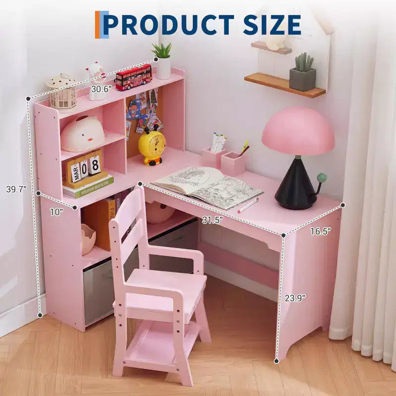 Bureau d'étude pour enfants avec chaise, ensemble de table d'angle, grand rangement, tableau d'affichage et porte-stylos, table d'écriture artistique ergonomique pour les 3-12 ans