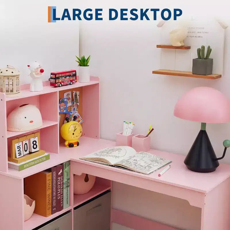 Bureau d'étude pour enfants avec chaise, ensemble de table d'angle, grand rangement, tableau d'affichage et porte-stylos, table d'écriture artistique ergonomique pour les 3-12 ans