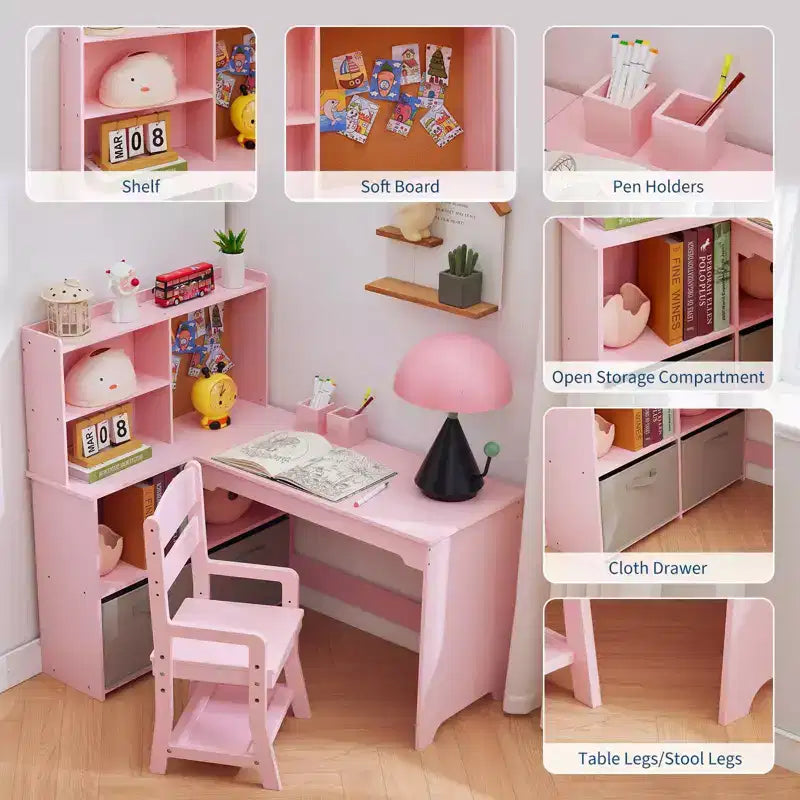 Bureau d'étude pour enfants avec chaise, ensemble de table d'angle, grand rangement, tableau d'affichage et porte-stylos, table d'écriture artistique ergonomique pour les 3-12 ans