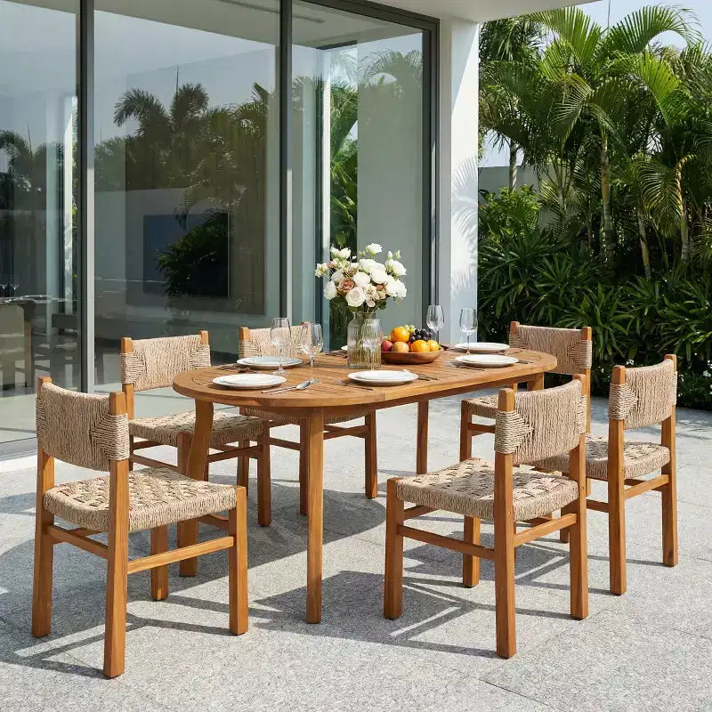 Christopher Knight Home Elian Farmhouse 7 Piece Outdoor Acacia Wood Woven Wicker Dining Set