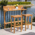 GDFStudio Pranav Modern 3 Piece Acacia Wood Slatted Balcony Bar Set with Bottom Shelf Table and 2 Stools