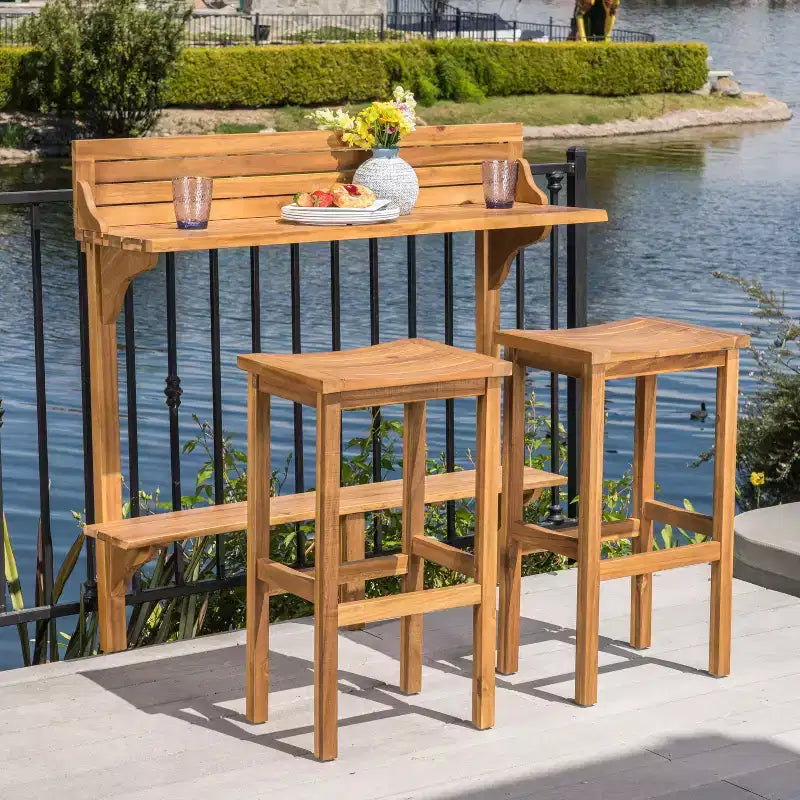 GDFStudio Pranav Modern 3 Piece Acacia Wood Slatted Balcony Bar Set with Bottom Shelf Table and 2 Stools