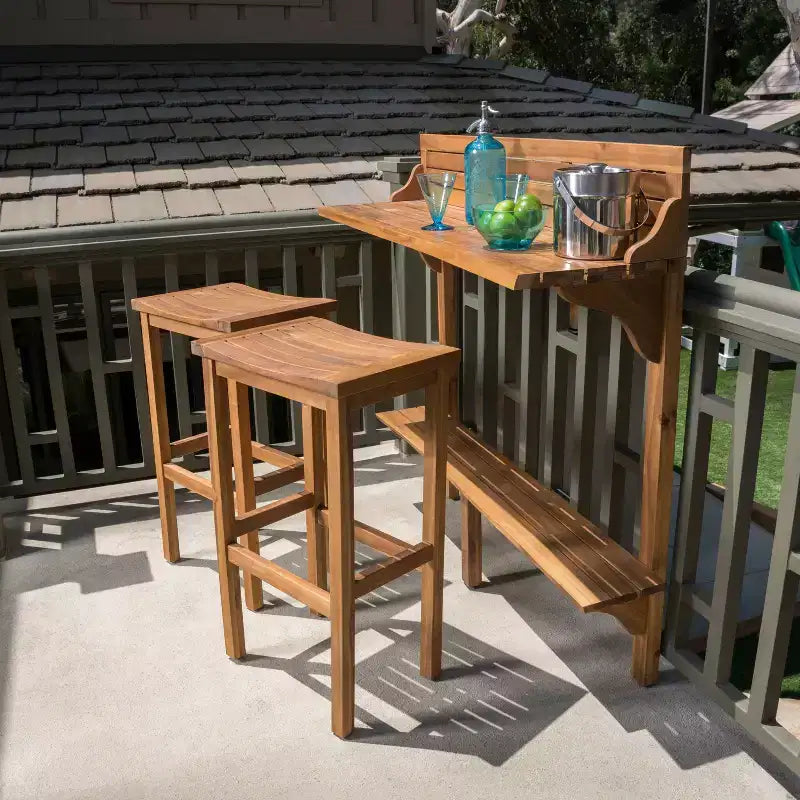 GDFStudio Pranav Ensemble de bar de balcon moderne 3 pièces en bois d'acacia avec étagère inférieure et 2 tabourets