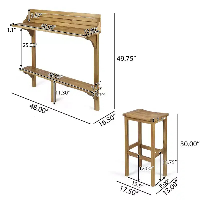 GDFStudio Pranav Ensemble de bar de balcon moderne 3 pièces en bois d'acacia avec étagère inférieure et 2 tabourets