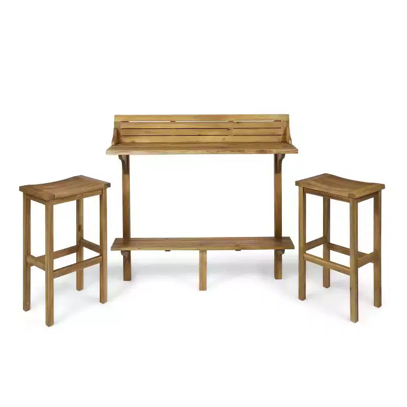 GDFStudio Pranav Ensemble de bar de balcon moderne 3 pièces en bois d'acacia avec étagère inférieure et 2 tabourets