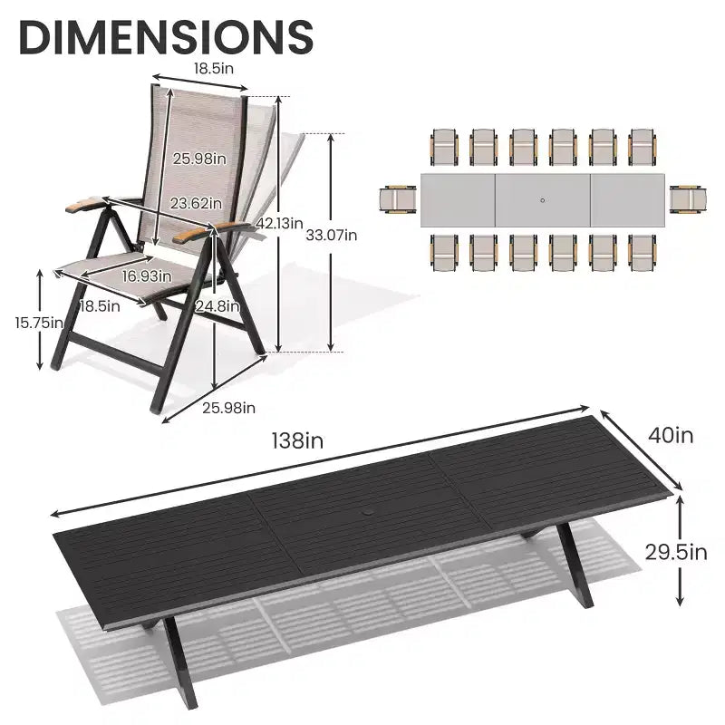 Ensemble de salle à manger d'extérieur 13 pièces Crestlive Products, table en aluminium à piètement en X et chaises inclinables conçues pour les réceptions