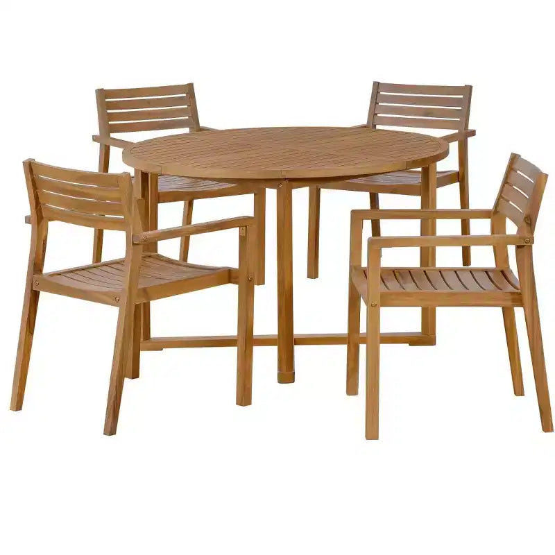 Ensemble de salle à manger d'extérieur 5 pièces en bois d'acacia pour 4, table ronde à lattes et 4 chaises, mobilier de jardin pour terrasse, bord de piscine - Panipeachy