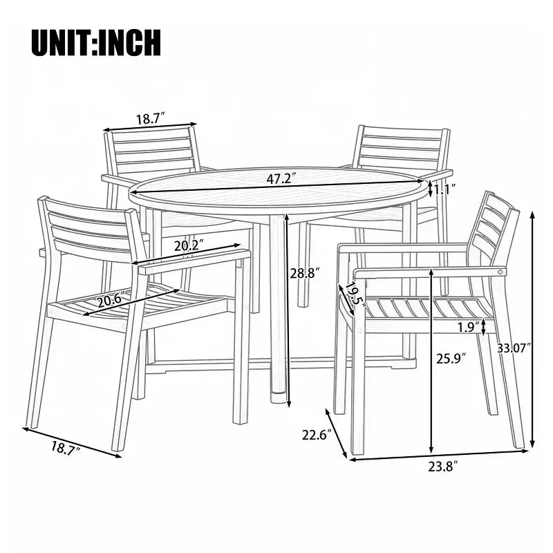 Ensemble de salle à manger d'extérieur 5 pièces en bois d'acacia pour 4, table ronde à lattes et 4 chaises, mobilier de jardin pour terrasse, bord de piscine - Panipeachy