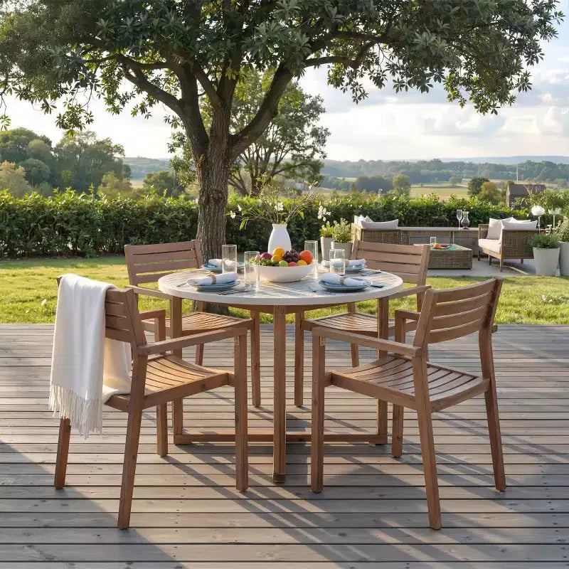 5-Piece Outdoor Acacia Wood Patio Dining Set for 4, Slatted Top Round Table and 4 Chairs, Backyard Furniture for Deck, Poolside-Panipeachy