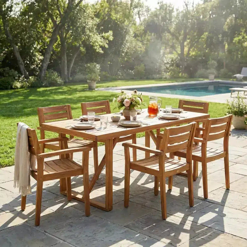 Outdoor Patio Dining Set for 6, Acacia Wood Rectangular Table with 6 Chairs, Modern Backyard Furniture for Garden, Deck & Poolside-Panipeachy
