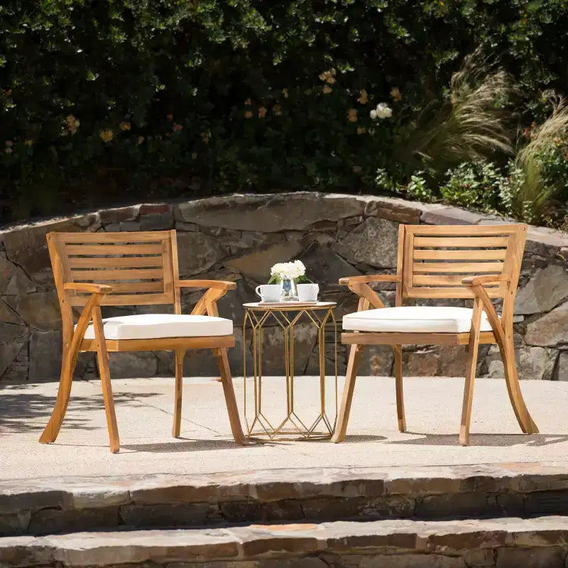 Ensemble de salle à manger d'extérieur 3 pièces, table et chaises Hermosa en bois KD avec coussins, finition teck