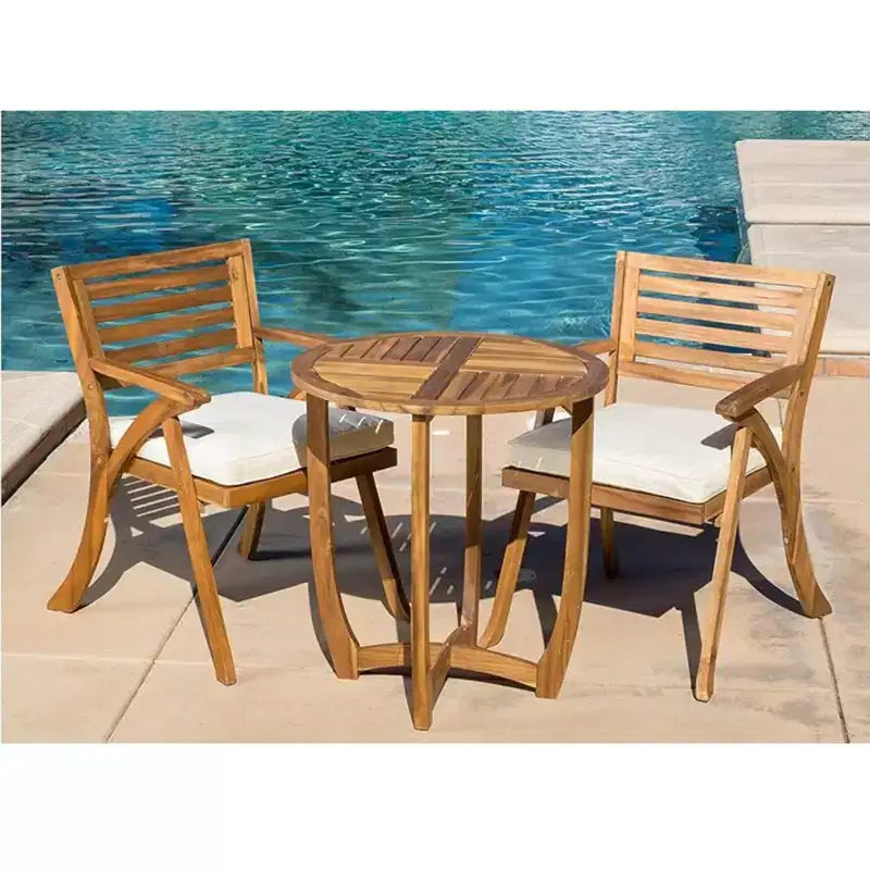 Ensemble de salle à manger d'extérieur 3 pièces, table et chaises Hermosa en bois KD avec coussins, finition teck