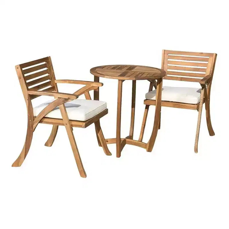 Ensemble de salle à manger d'extérieur 3 pièces, table et chaises Hermosa en bois KD avec coussins, finition teck