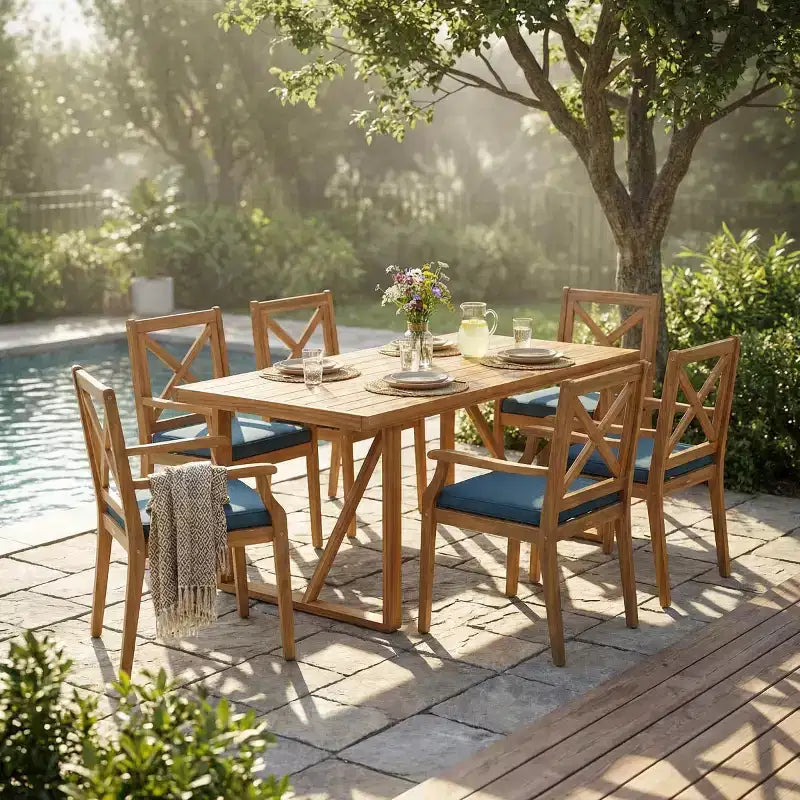 Ensemble de salle à manger d'extérieur 7 pièces en bois d'acacia avec 6 chaises rembourrées, ensemble de table à manger rectangulaire pour jardin, terrasse - Panipeachy