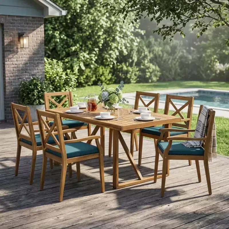 7-Piece Acacia Wood Outdoor Dining Set with 6 Cushioned Chairs, Rectangular Patio Dining Table Set for Backyard, Garden, Deck-Panipeachy