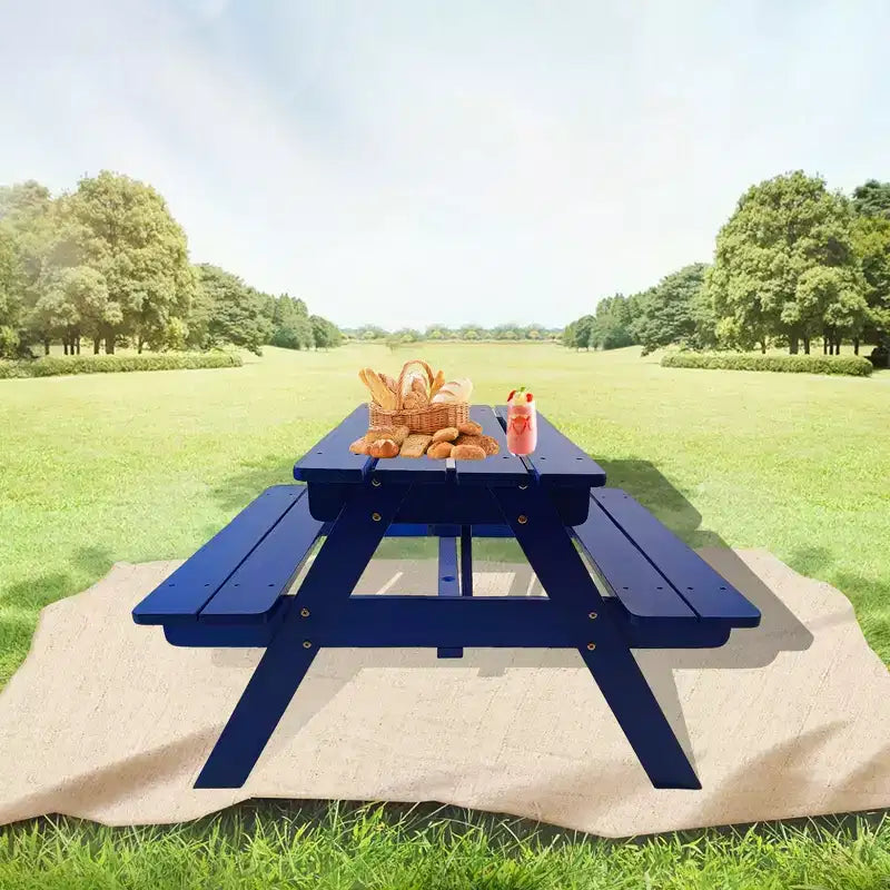 Kids Wooden Picnic Table and Bench Set, Children's Outdoor Dining Table and Chairs, Blue Patio Table for Eating, Drawing, Crafts and Play
