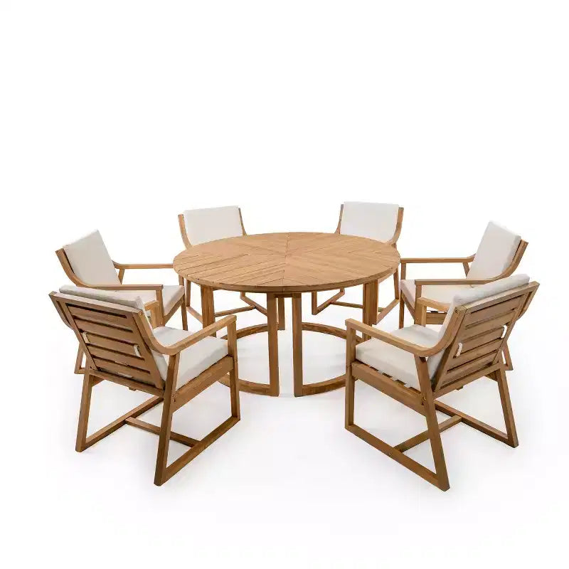 Ensemble de salle à manger de jardin en bois 7 pièces pour 6 personnes, table ronde avec trou pour parasol et chaises rembourrées pour le jardin ou l'arrière-cour - Panipeachy
