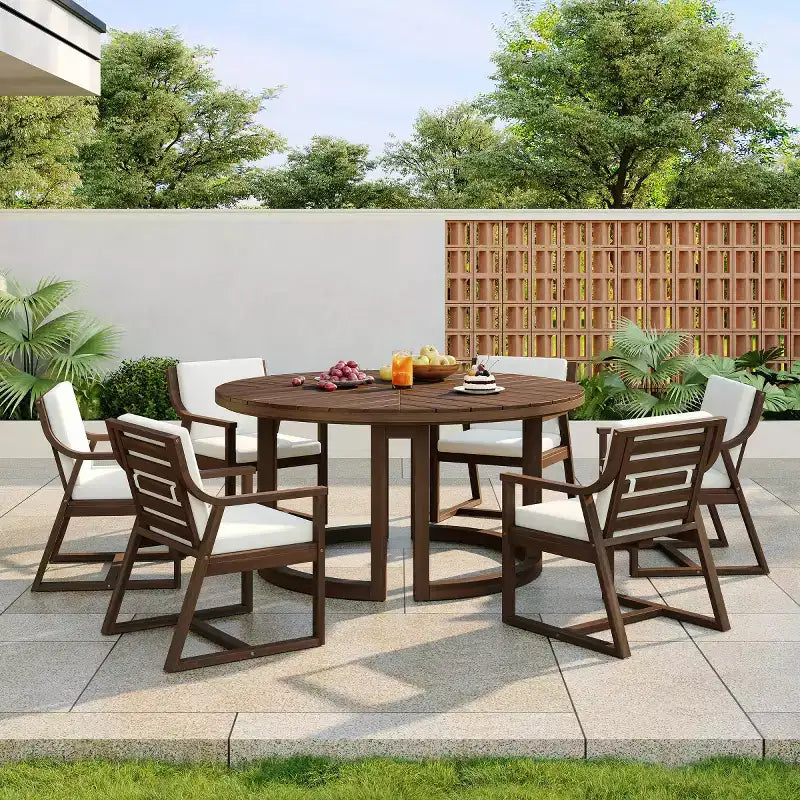 Ensemble de salle à manger de jardin en bois 7 pièces pour 6 personnes, table ronde avec trou pour parasol et chaises rembourrées pour le jardin ou l'arrière-cour - Panipeachy