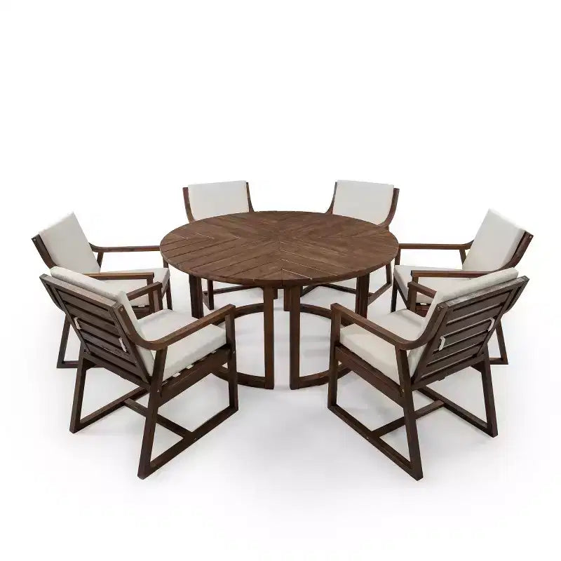 Ensemble de salle à manger de jardin en bois 7 pièces pour 6 personnes, table ronde avec trou pour parasol et chaises rembourrées pour le jardin ou l'arrière-cour - Panipeachy