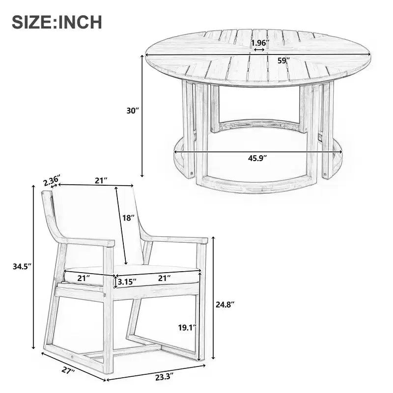 Ensemble de salle à manger de jardin en bois 7 pièces pour 6 personnes, table ronde avec trou pour parasol et chaises rembourrées pour le jardin ou l'arrière-cour - Panipeachy