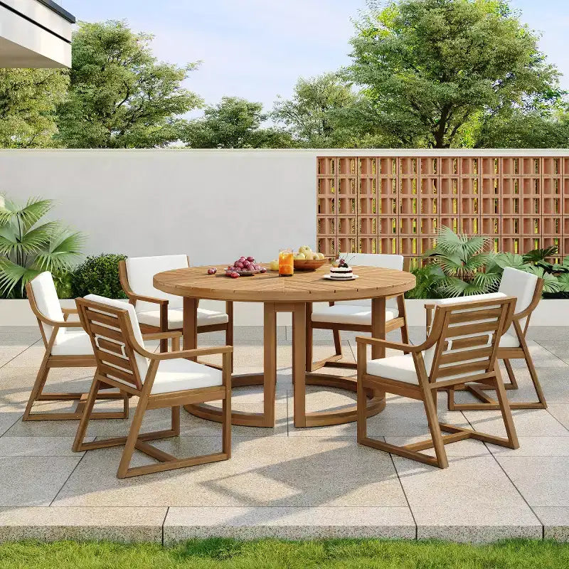 Ensemble de salle à manger de jardin en bois 7 pièces pour 6 personnes, table ronde avec trou pour parasol et chaises rembourrées pour le jardin ou l'arrière-cour - Panipeachy