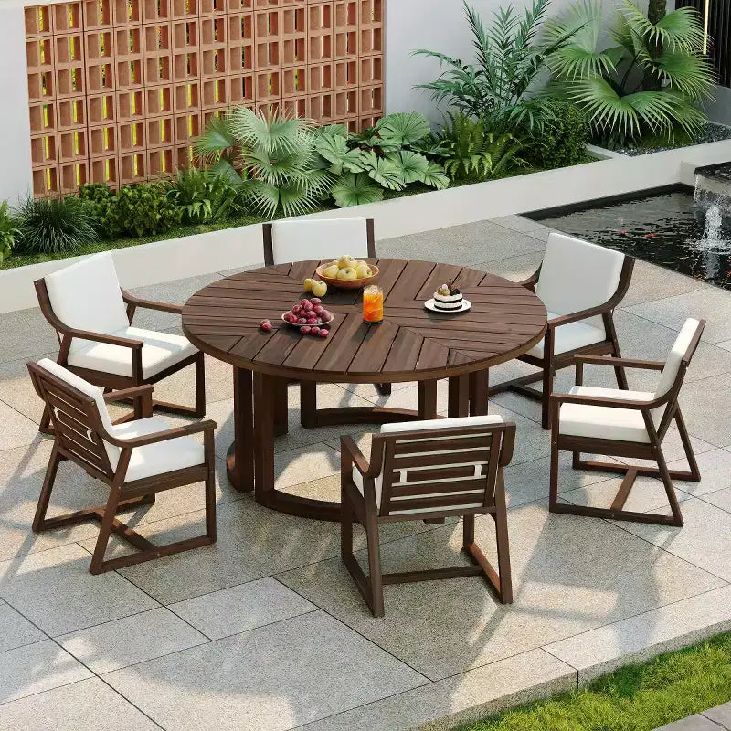 7-Piece Wood Patio Dining Set for 6, Round Table with Umbrella Hole and Cushioned Chairs for Garden or Backyard-Panipeachy