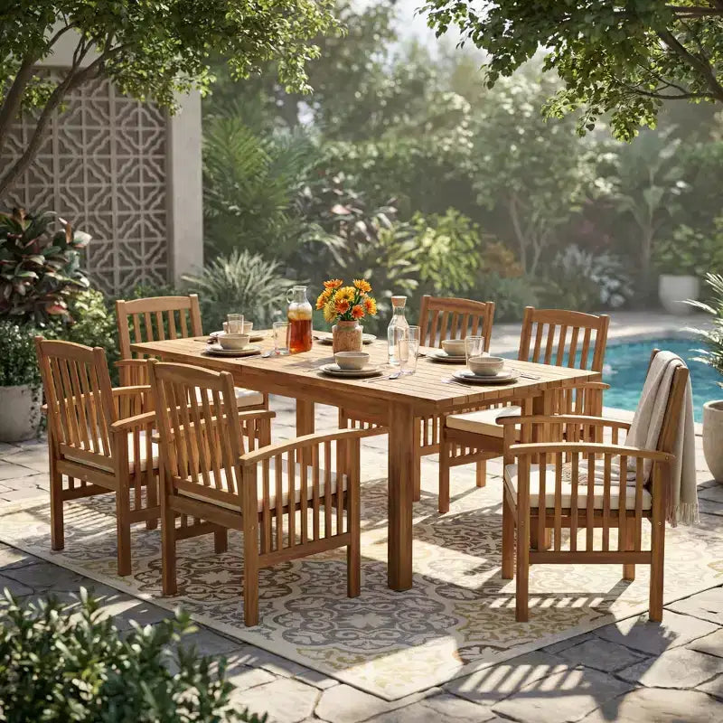 Christopher Knight Home Rasmus Modern 7 Piece Patio Acacia Dining Set with Expandable Slatted Table and Cushion