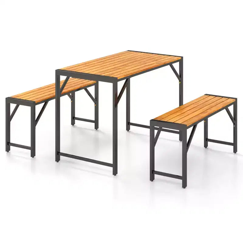 Gymax 3-Piece Outdoor Dining Set for 4 Featuring Wood Picnic Table & 2 Benches for Patios and Gardens
