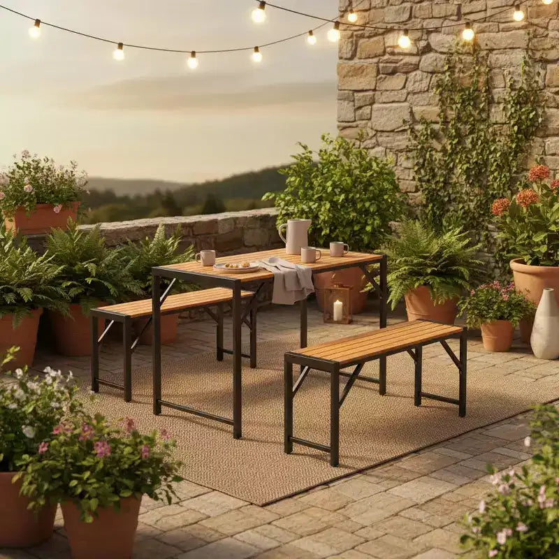 Ensemble de salle à manger d'extérieur Gymax 3 pièces pour 4 personnes avec table de pique-nique en bois et 2 bancs pour patios et jardins