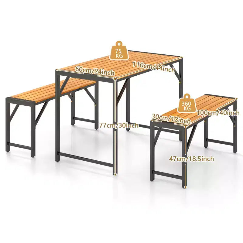 Ensemble de salle à manger d'extérieur Gymax 3 pièces pour 4 personnes avec table de pique-nique en bois et 2 bancs pour patios et jardins