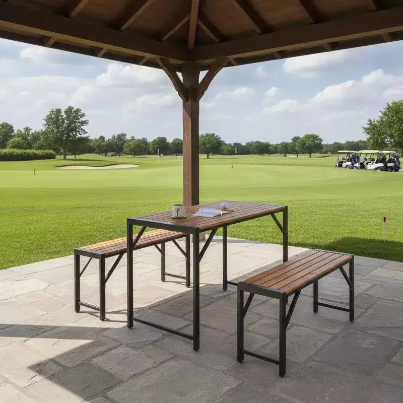 Ensemble de salle à manger d'extérieur Gymax 3 pièces pour 4 personnes avec table de pique-nique en bois et 2 bancs pour patios et jardins