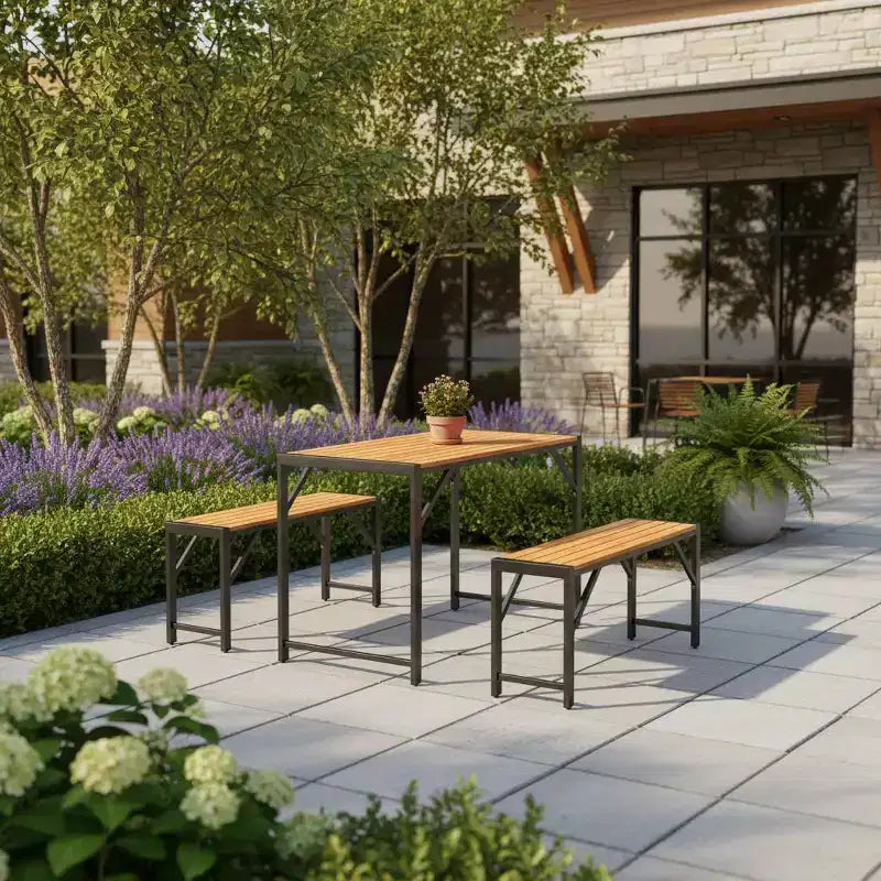 Ensemble de salle à manger d'extérieur Gymax 3 pièces pour 4 personnes avec table de pique-nique en bois et 2 bancs pour patios et jardins