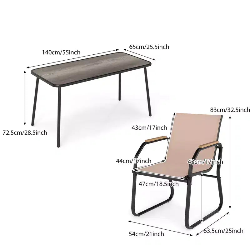 Ensemble de salle à manger de patio 5 pièces Gymax avec accoudoirs aspect bois, cadre en métal durable et plateau DPC