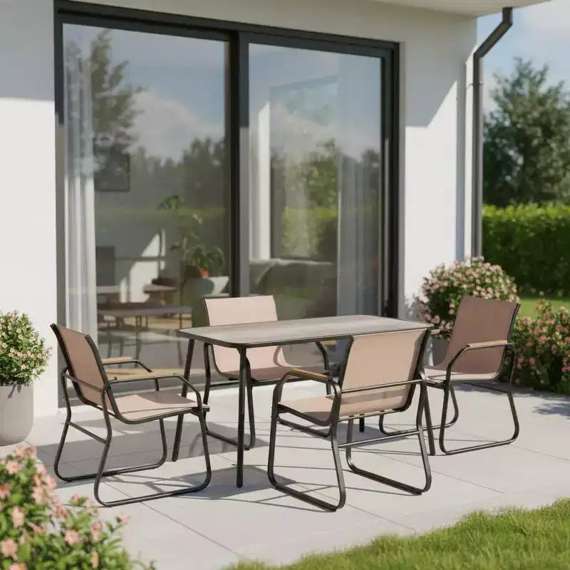 Ensemble de salle à manger de patio 5 pièces Gymax avec accoudoirs aspect bois, cadre en métal durable et plateau DPC