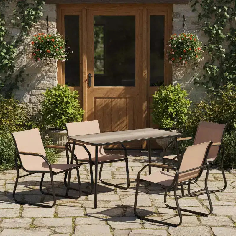 Ensemble de salle à manger de patio 5 pièces Gymax avec accoudoirs aspect bois, cadre en métal durable et plateau DPC