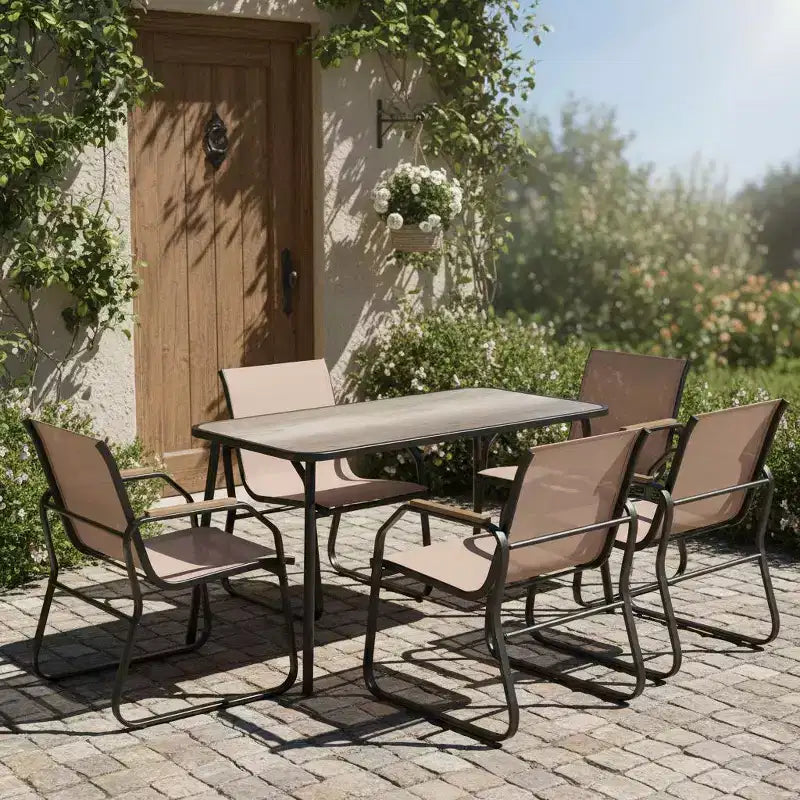 Ensemble de salle à manger de patio 5 pièces Gymax avec accoudoirs aspect bois, cadre en métal durable et plateau DPC