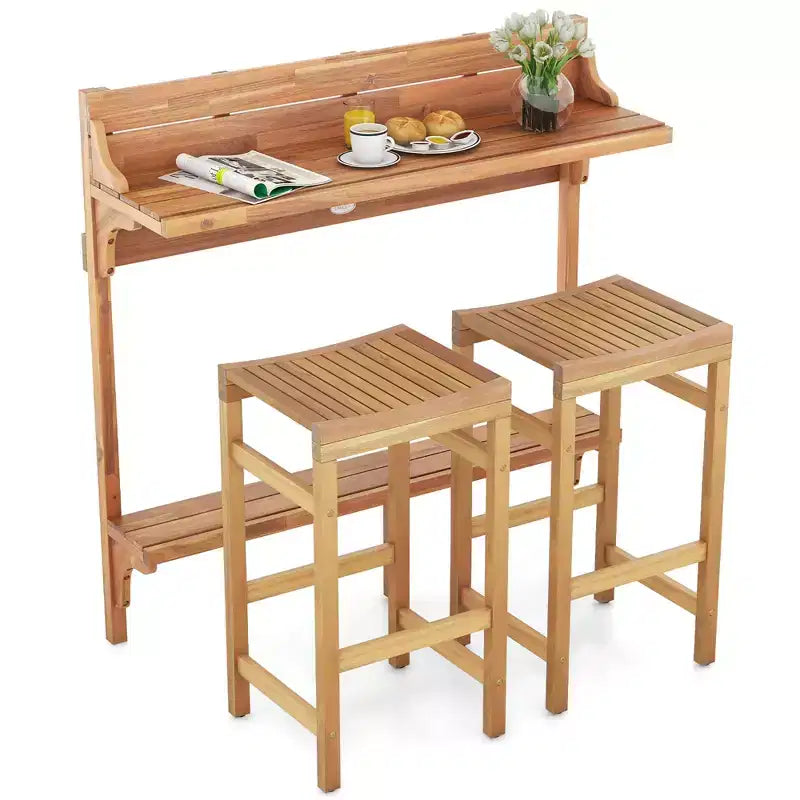 Costway 3 PCS Acacia Wood Balcony Table Set w/ Shelf Footrest Curved Wood Seat