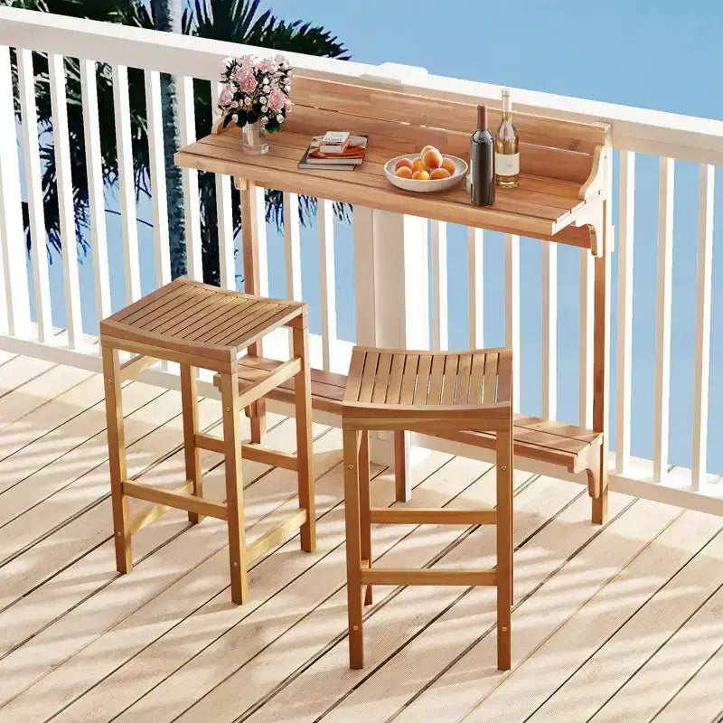 Costway Ensemble de table de balcon 3 pièces en bois d'acacia avec étagère, repose-pieds et sièges incurvés