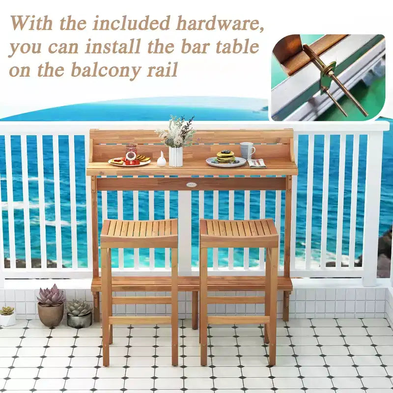 Costway Ensemble de table de balcon 3 pièces en bois d'acacia avec étagère, repose-pieds et sièges incurvés