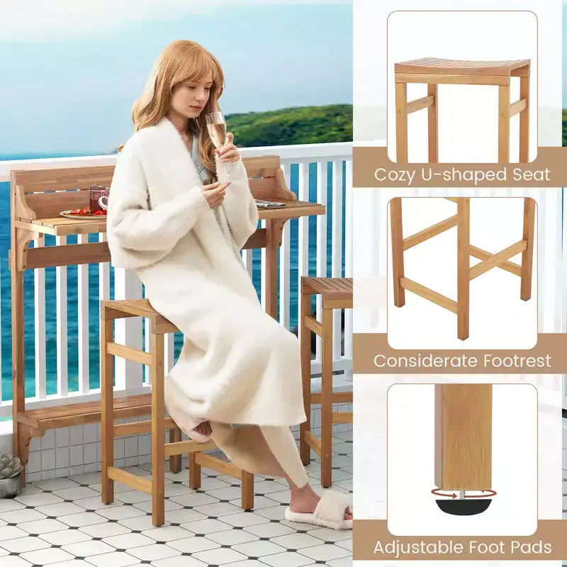 Costway Ensemble de table de balcon 3 pièces en bois d'acacia avec étagère, repose-pieds et sièges incurvés
