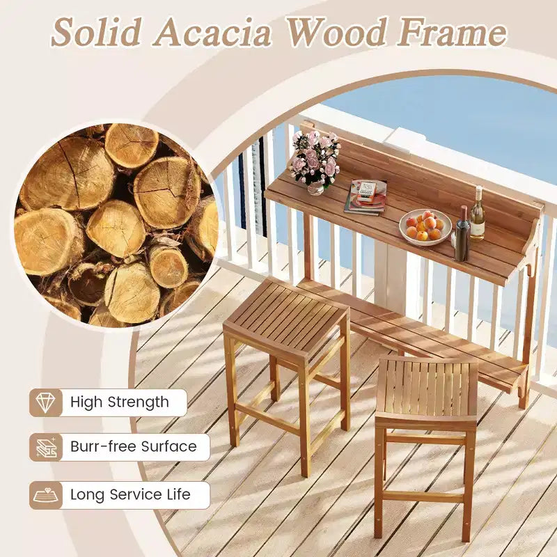 Costway Ensemble de table de balcon 3 pièces en bois d'acacia avec étagère, repose-pieds et sièges incurvés