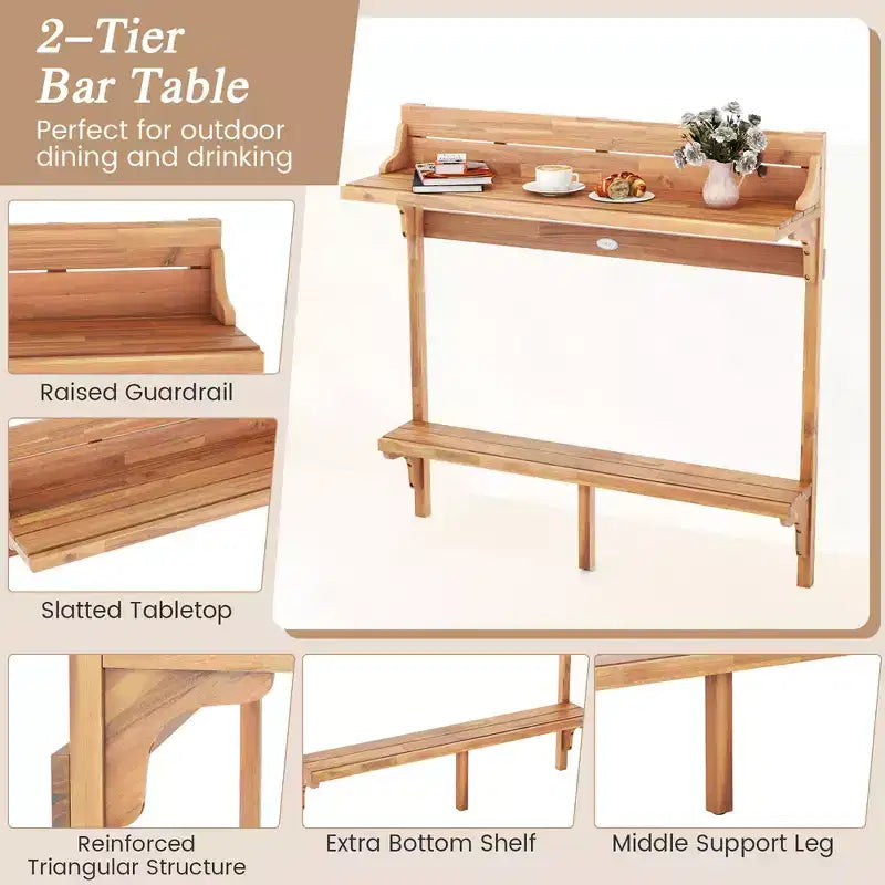 Costway Ensemble de table de balcon 3 pièces en bois d'acacia avec étagère, repose-pieds et sièges incurvés