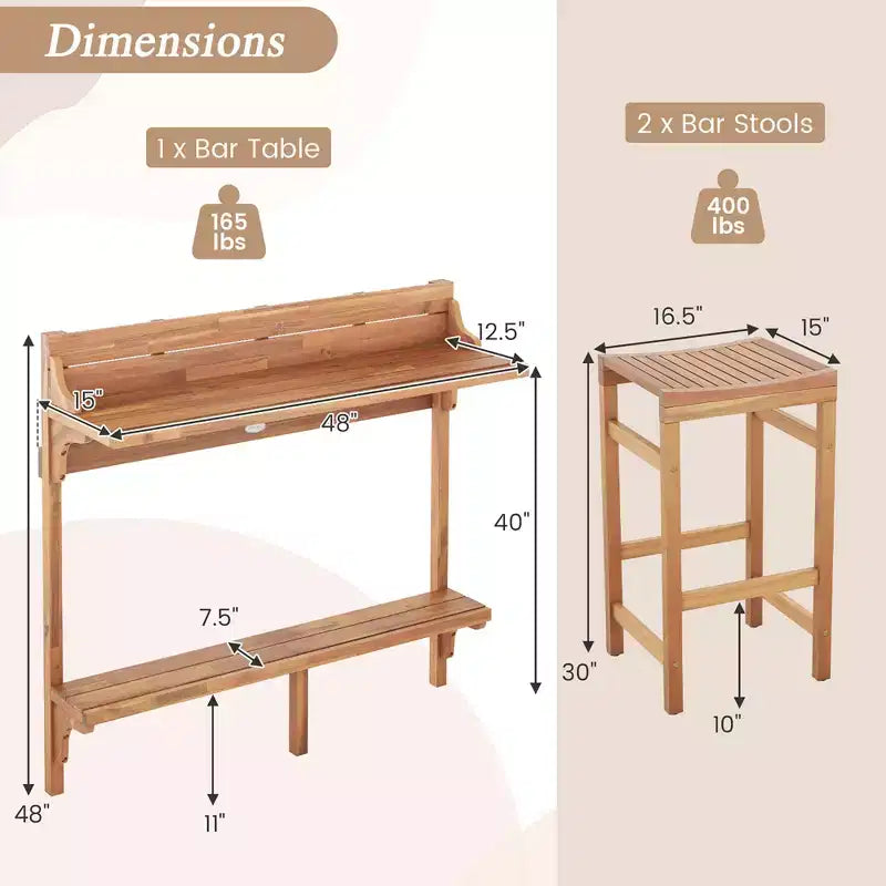 Costway Ensemble de table de balcon 3 pièces en bois d'acacia avec étagère, repose-pieds et sièges incurvés