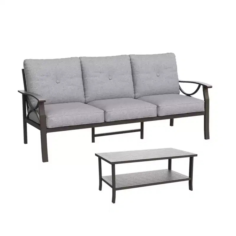 2 Piece Outdoor Patio Set, 70 Inch All-Weather Metal 3-Seat Metal Patio Sofa and Rectangular coffee Table, Khaki Frame with Gray Cushions