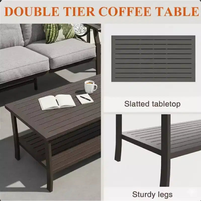 Ensemble de patio 2 pièces, canapé d'extérieur 3 places en métal tout temps de 178 cm et table basse rectangulaire, cadre kaki avec coussins gris