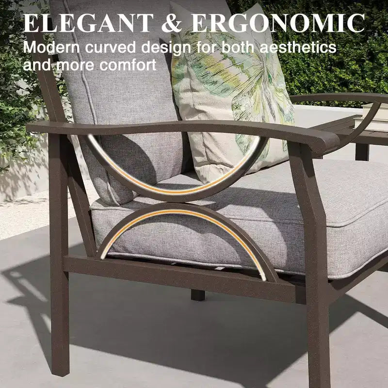 Ensemble de patio 2 pièces, canapé d'extérieur 3 places en métal tout temps de 178 cm et table basse rectangulaire, cadre kaki avec coussins gris