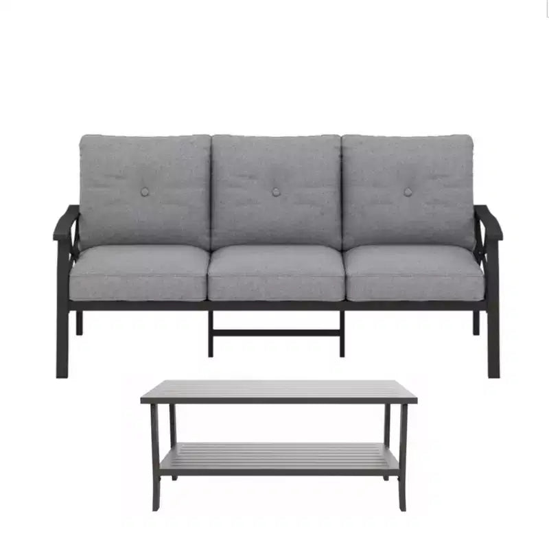 Ensemble de patio 2 pièces, canapé d'extérieur 3 places en métal tout temps de 178 cm et table basse rectangulaire, cadre kaki avec coussins gris