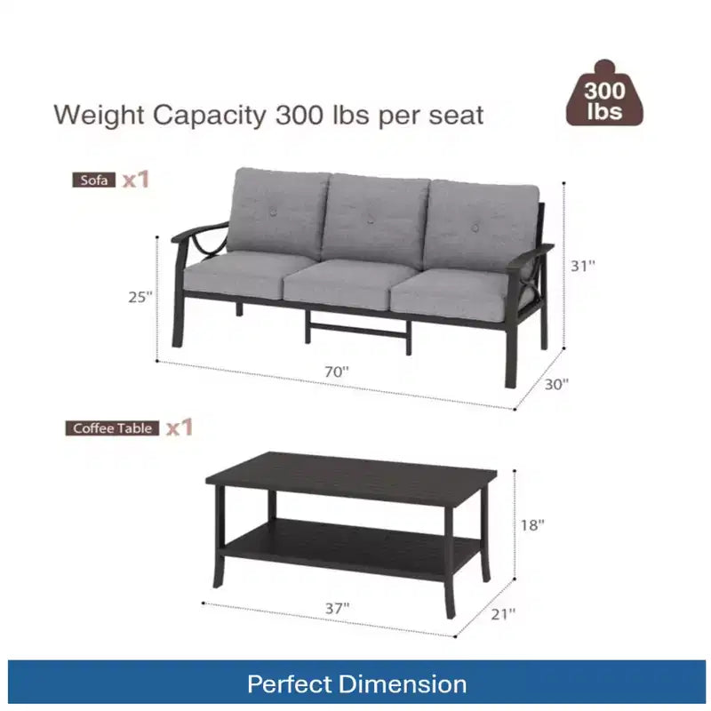 Ensemble de patio 2 pièces, canapé d'extérieur 3 places en métal tout temps de 178 cm et table basse rectangulaire, cadre kaki avec coussins gris